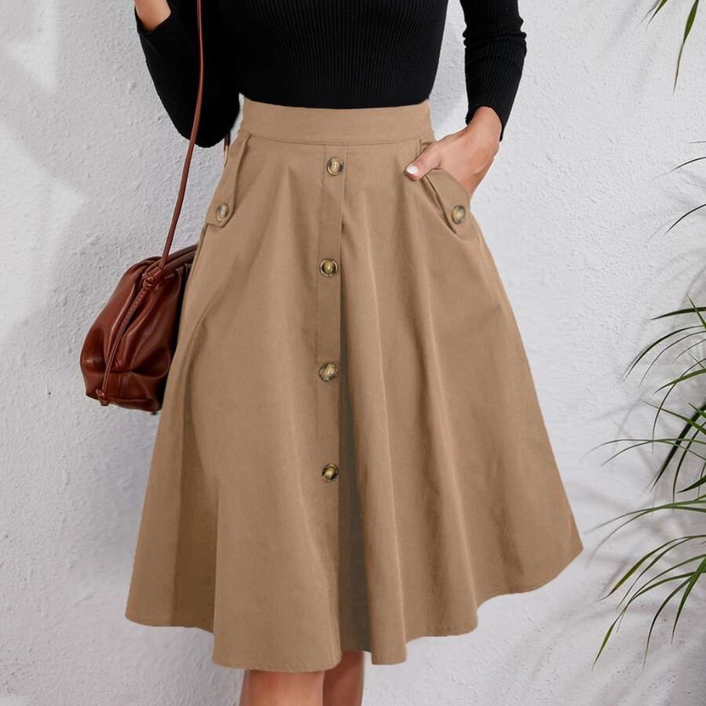 Classic Button Detail Pocket Flared Midi Skirt - Picture 2 of 14